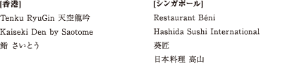 [香港]
Tenku RyuGin 天空龍吟
Kaiseki Den by Saotome
鮨 さいとう
[シンガポール]
Restaurant Béni
Hashida Sushi International
葵匠
日本料理 高山